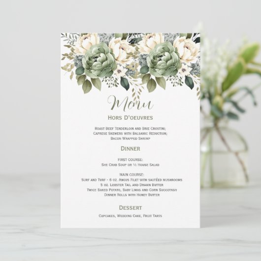 Sage Green Eucalyptus Floral Wedding | Menu Kaart (Staand voorkant)