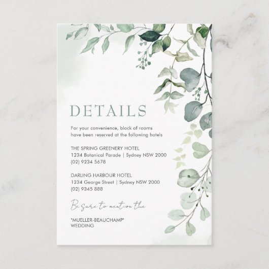 Sage Green Eucalyptus Garden Weddenschap Details Informatiekaartje (Voorkant)