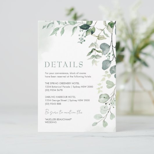 Sage Green Eucalyptus Garden Weddenschap Details Informatiekaartje (Staand voorkant)