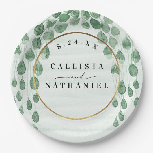 Sage Green Eucalyptus Garland Gold Oval Weddenscha Papieren Bordje (Voorkant)