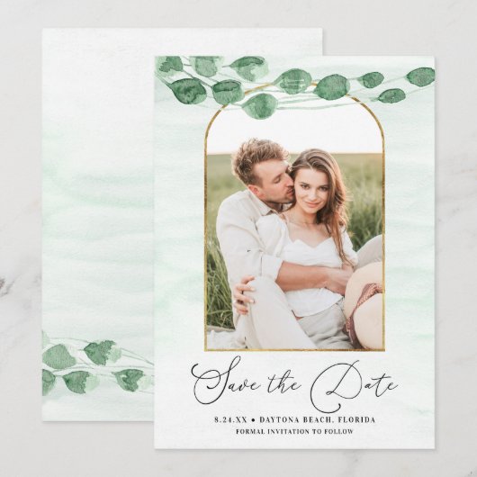 Sage Green Eucalyptus Garland Gold Oval Weddenscha Save The Date (Voorkant / Achterkant)