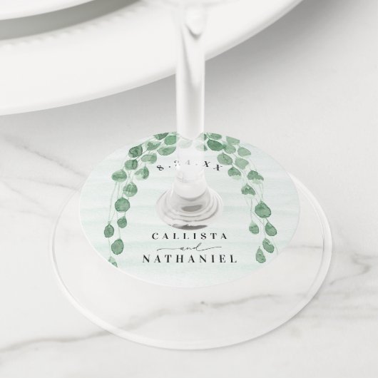 Sage Green Eucalyptus Garland Gold Oval Weddenscha Wijnglaslabel (Dichtbij)