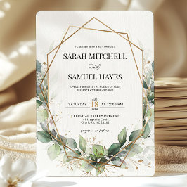 Sage Green Eucalyptus Gold Geometric Wedding  Kaart