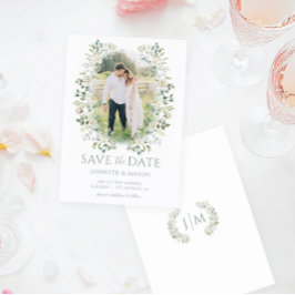 Sage Green Eucalyptus Greenery Bewaar de datum Fot Kaart