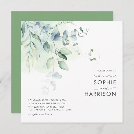 Sage Green Eucalyptus Greenery Square Weddenschap Kaart (Voorkant / Achterkant)