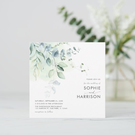 Sage Green Eucalyptus Greenery Square Weddenschap Kaart (Staand voorkant)