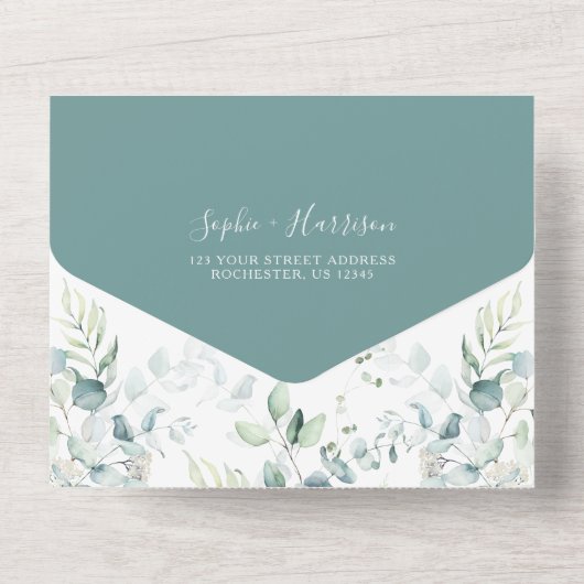 Sage Green Eucalyptus Greenery Weddenschap All In One Uitnodiging (Achterkant)