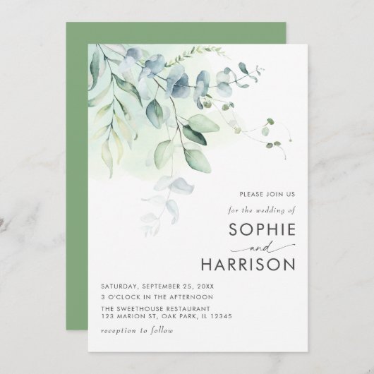 Sage Green Eucalyptus Greenery Wedding Kaart (Voorkant / Achterkant)