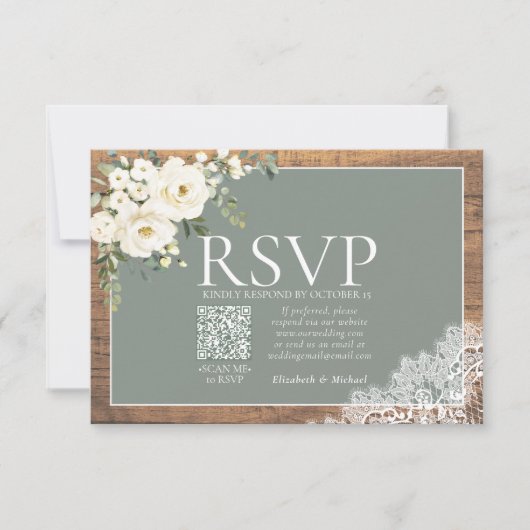 Sage Green Eucalyptus Lace Wood Weddenschap QR RSV RSVP Kaartje (Voorkant)