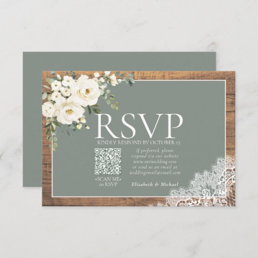 Sage Green Eucalyptus Lace Wood Weddenschap QR RSV RSVP Kaartje (Voorkant / Achterkant)