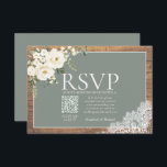 Sage Green Eucalyptus Lace Wood Weddenschap QR RSV RSVP Kaartje<br><div class="desc">Moderne en trendy, deze bijtende trouwuitnodiging RSVP met QR het antwoord van de Code die gast naar uw trouwwebsite neemt. Het ontwerp is voorzien van een witte florale waterverf eucalyptus greenery arrangement, faux French Alencon lace, met een elegant groene en witte tekstdoos over een faux honeyed barnwood. Om maaltijdkeuzen te...</div>