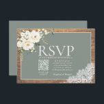 Sage Green Eucalyptus Lace Wood Weddenschap QR RSV RSVP Kaartje<br><div class="desc">Moderne en trendy, deze bijtende trouwuitnodiging RSVP met QR het antwoord van de Code die gast naar uw trouwwebsite neemt. Het ontwerp is voorzien van een witte florale waterverf eucalyptus greenery arrangement, faux French Alencon lace, met een elegant groene en witte tekstdoos over een faux honeyed barnwood. Om maaltijdkeuzen te...</div>