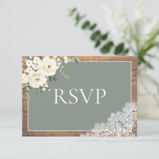 Sage Green Eucalyptus Lace Wood Weddenschap RSVP (Staand voorkant)