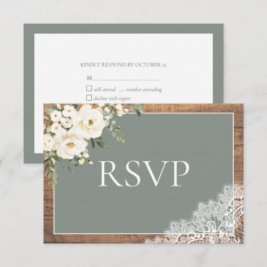 Sage Green Eucalyptus Lace Wood Weddenschap RSVP Kaartje (Voorkant / Achterkant)