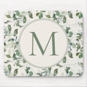 Sage Green Eucalyptus Leaves Cream Monogram Muismat