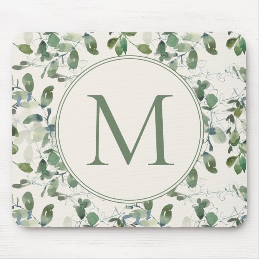 Sage Green Eucalyptus Leaves Cream Monogram Muismat (Voorkant)