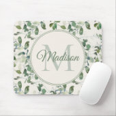 Sage Green Eucalyptus Leaves Cream Monogram Name Muismat (Met muis)