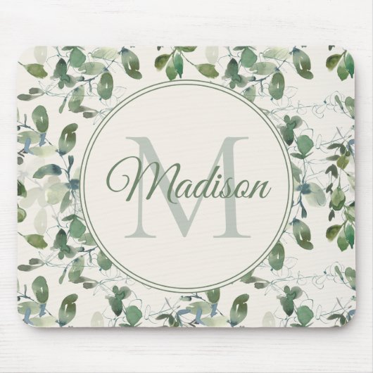 Sage Green Eucalyptus Leaves Cream Monogram Name Muismat (Voorkant)