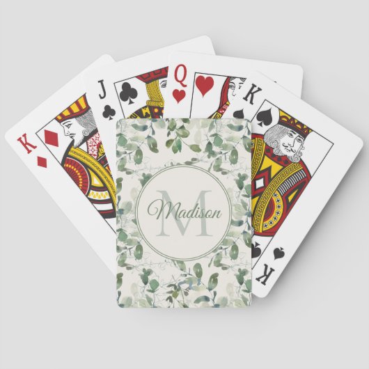 Sage Green Eucalyptus Leaves Cream Monogram Name Pokerkaarten (Achterkant)