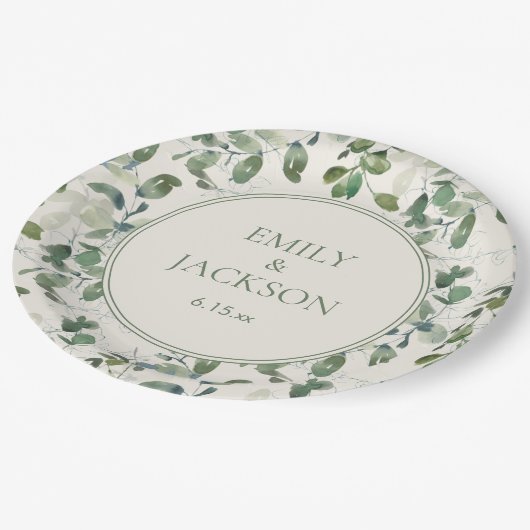 Sage Green Eucalyptus Leaves Cream Wedding Papieren Bordje (Gekanteld)