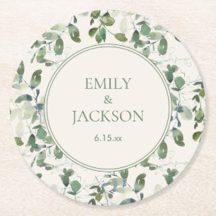 Sage Green Eucalyptus Leaves Cream Wedding Ronde Kartonnen Onderzetter
