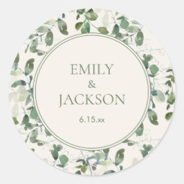 Sage Green Eucalyptus Leaves Cream Wedding Ronde Sticker