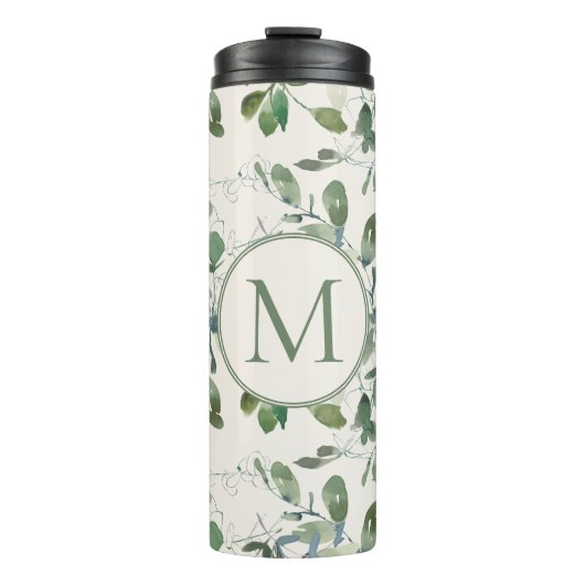 Sage Green Eucalyptus Leaves op Cream Monogram Thermosbeker (Voorkant)