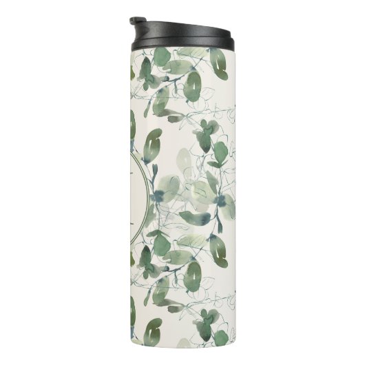 Sage Green Eucalyptus Leaves op Cream Monogram Thermosbeker (Geroteerd rechts)