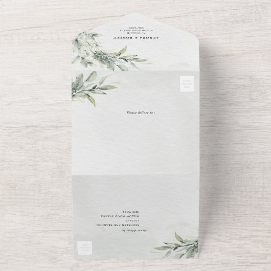 Sage Green Eucalyptus Minimalist Botanical Weddens All In One Uitnodiging (Buitenkant)