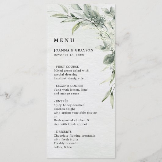 Sage Green Eucalyptus Minimalist Botanical Weddens Menu (Voorkant)