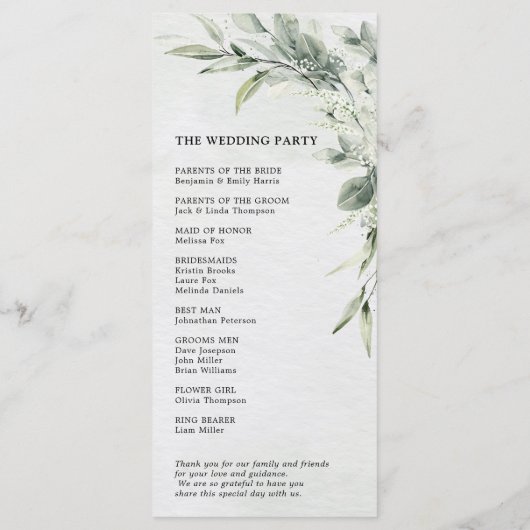 Sage Green Eucalyptus Minimalist Botanical Weddens Programmakaart (Achterkant)