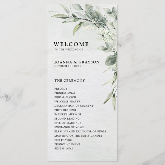Sage Green Eucalyptus Minimalist Botanical Weddens Programmakaart (Voorkant)