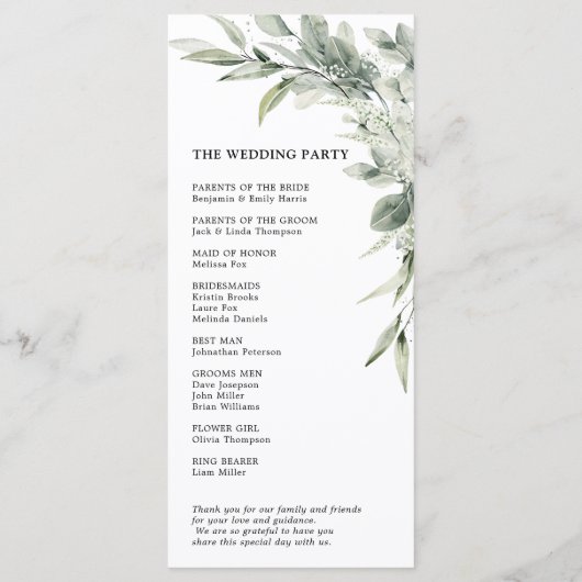 Sage Green Eucalyptus Minimalist Botanical Weddens Programmakaart (Achterkant)
