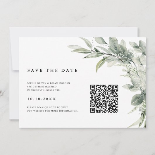 Sage Green Eucalyptus Minimalist Botanical Weddens Save The Date (Achterkant)