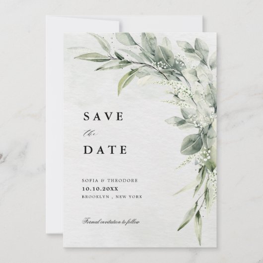 Sage Green Eucalyptus Minimalist Botanical Weddens Save The Date (Voorkant)