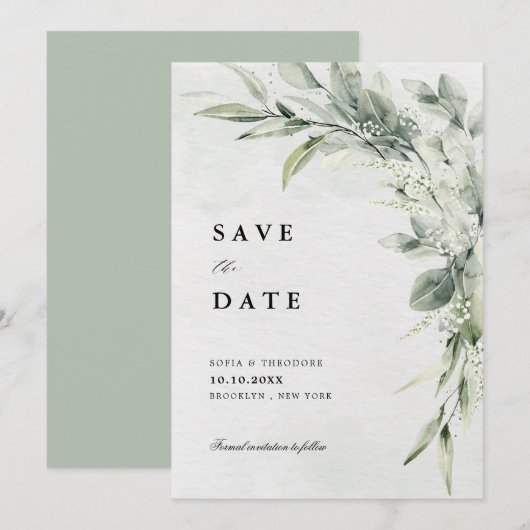 Sage Green Eucalyptus Minimalist Botanical Weddens Save The Date (Voorkant / Achterkant)