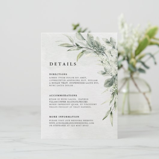 Sage Green Eucalyptus Minimalist Weddenschap Detai Informatiekaartje (Staand voorkant)