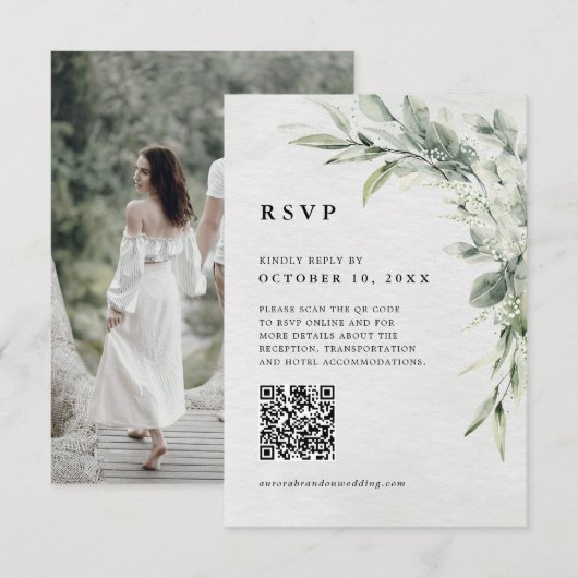 Sage Green Eucalyptus Minimalistische QR-code Foto RSVP Kaartje (Voorkant / Achterkant)