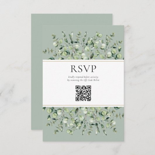 Sage Green Eucalyptus QR Code Wedding RSVP  Informatiekaartje (Voorkant / Achterkant)
