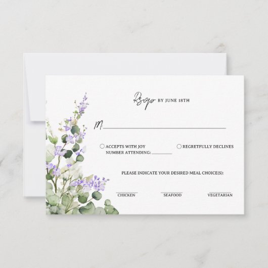 Sage Green Eucalyptus RSVP Card with Lilac Florals (Voorkant)