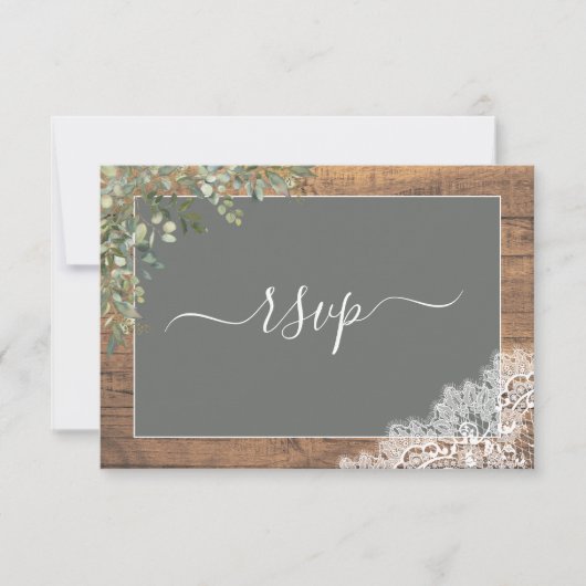 Sage Green Eucalyptus Script Lace Wood RSVP Kaartje (Voorkant)