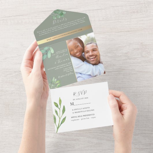Sage Green Eucalyptus Weddenschap All In One Uitnodiging (Afscheurbaar)