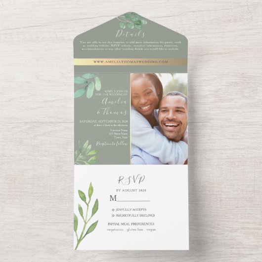 Sage Green Eucalyptus Weddenschap All In One Uitnodiging (Binnen)