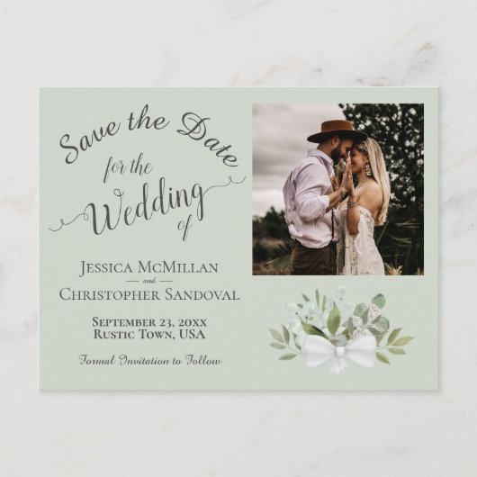 Sage Green Eucalyptus Weddenschap Save the Date Ph Aankondigingskaart (Voorkant)