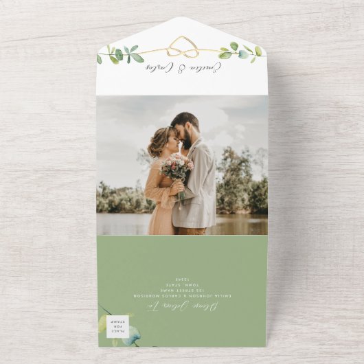 Sage Green Eucalyptus Wedding All In One Uitnodiging (Buitenkant)