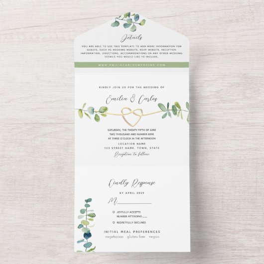 Sage Green Eucalyptus Wedding All In One Uitnodiging (Binnen)