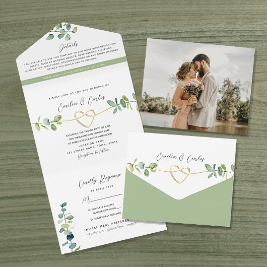 Sage Green Eucalyptus Wedding All In One Uitnodiging