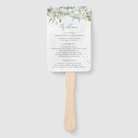 Sage Green Eucalyptus Wedding Ceremony Program Han Handwaaier (Voorkant)