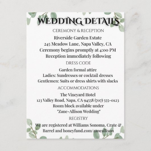 Sage Green Eucalyptus Wedding Info Card Informatiekaartje (Voorkant)