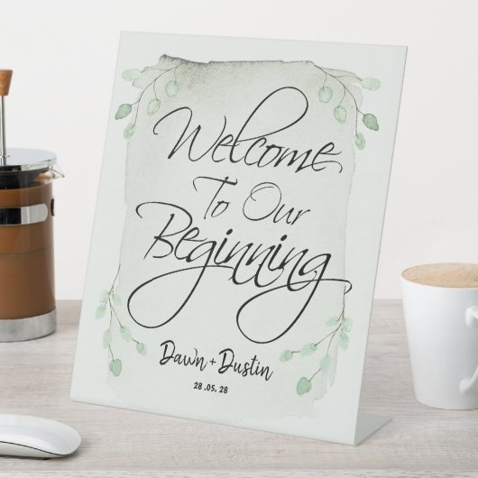 Sage Green Eucalyptus Welkom bij ons begin Reclamebord Met Voetstuk (Insitu)